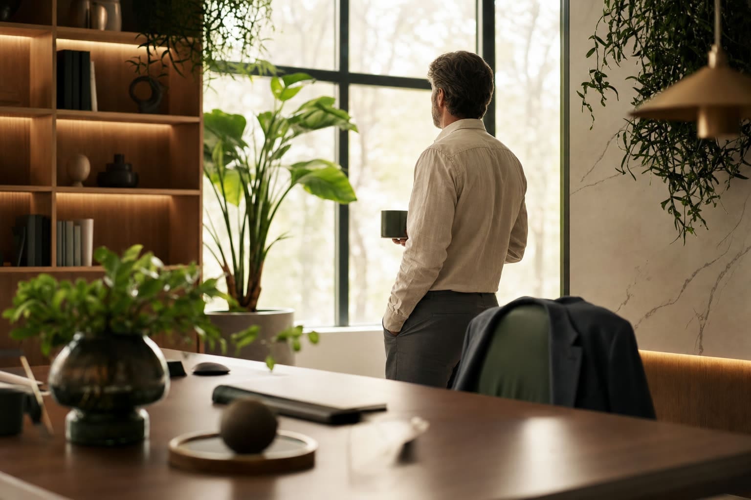 Espace de travail lumineux et apaisant ou un dirigeant detendu se tient pres d'une grande fenetre, illustrant la sante psychologique au travail.